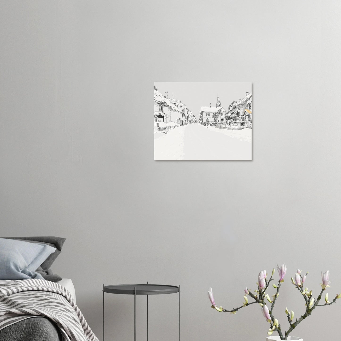 Black and white line drawing of the main street in le monetier les Bains in the snow by edward lodge