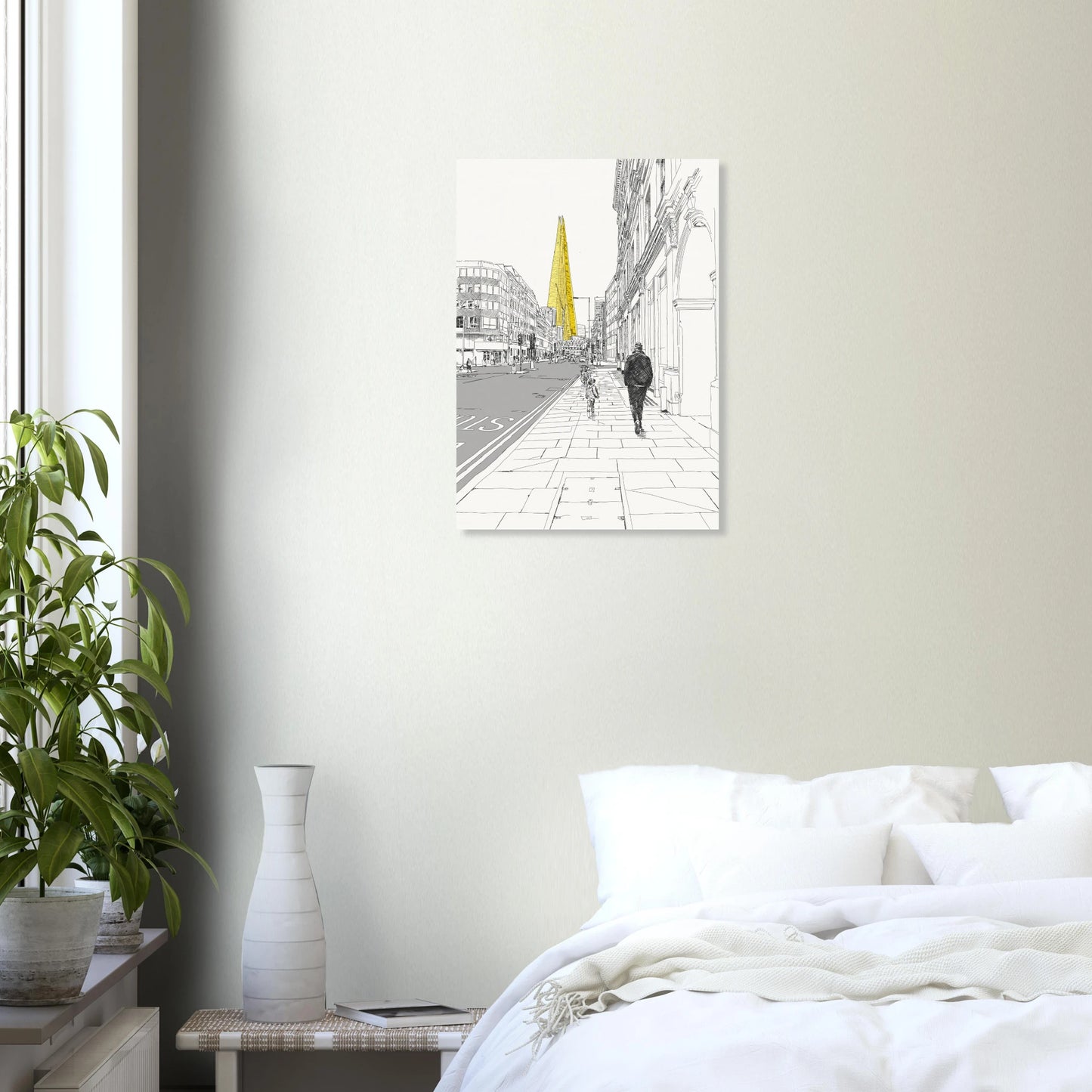 Line drawing of the shard, london print on a bedroom wall by Edward Lodge