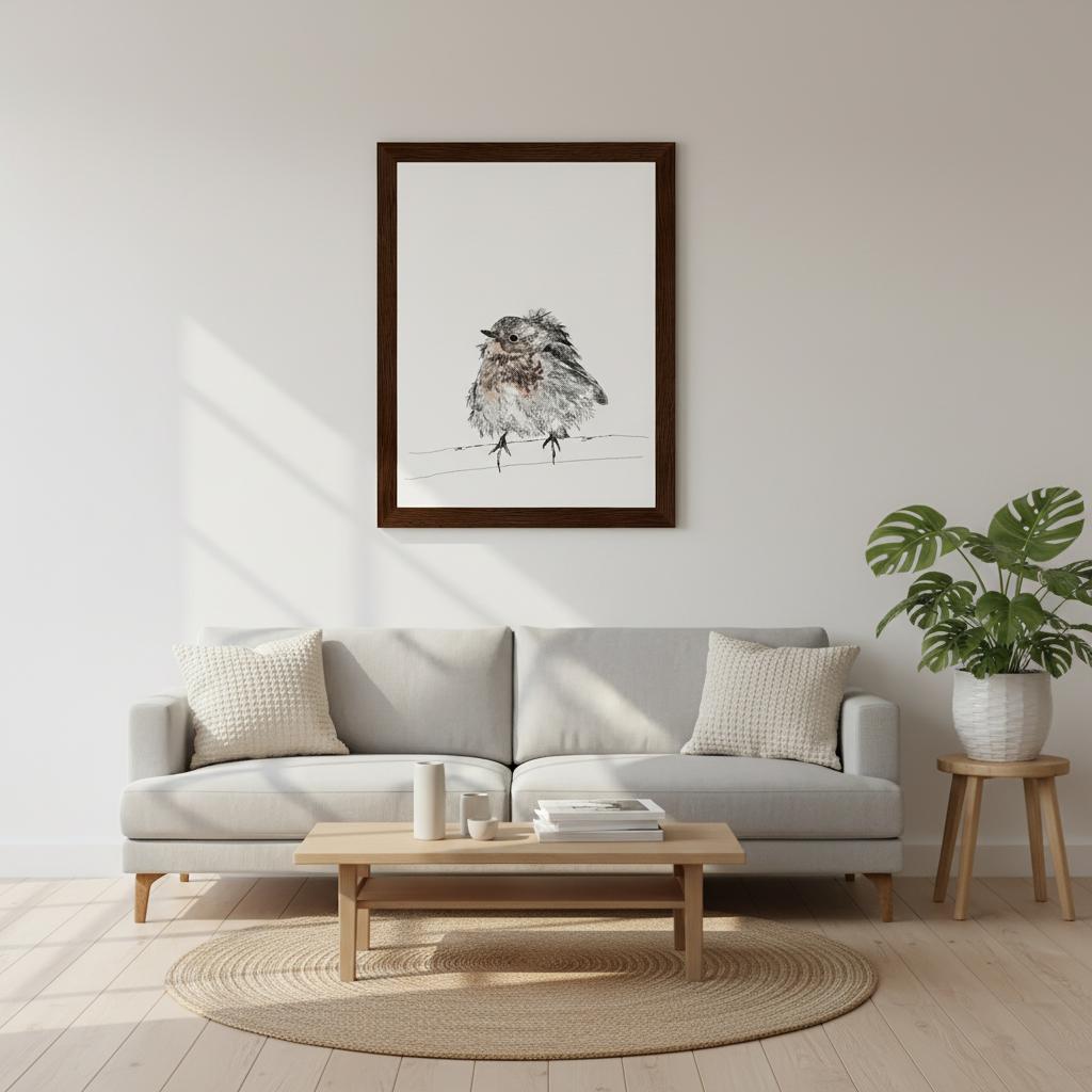 printed line black and white drawing of a robin with puffed out messy feathers perched on a branch. the breast is highlighted in a gentle red