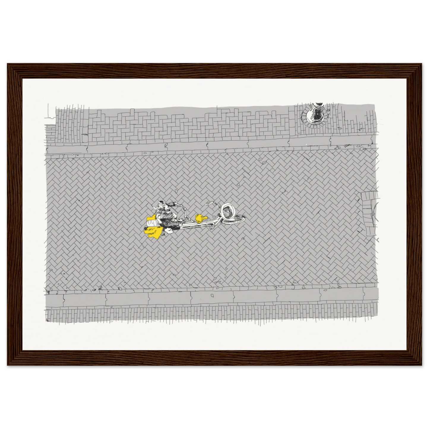 Birds' eye view of a single cyclist on the back of a tandem on a cobbled Amsterdam street. Black and white with the cyclist's coat highlighted in yellow