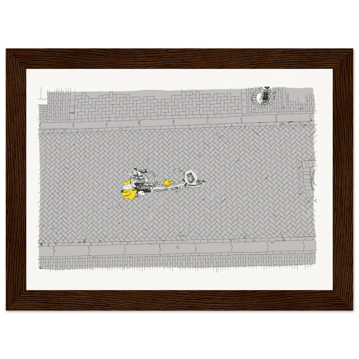 Birds' eye view of a single cyclist on the back of a tandem on a cobbled Amsterdam street. Black and white with the cyclist's coat highlighted in yellow