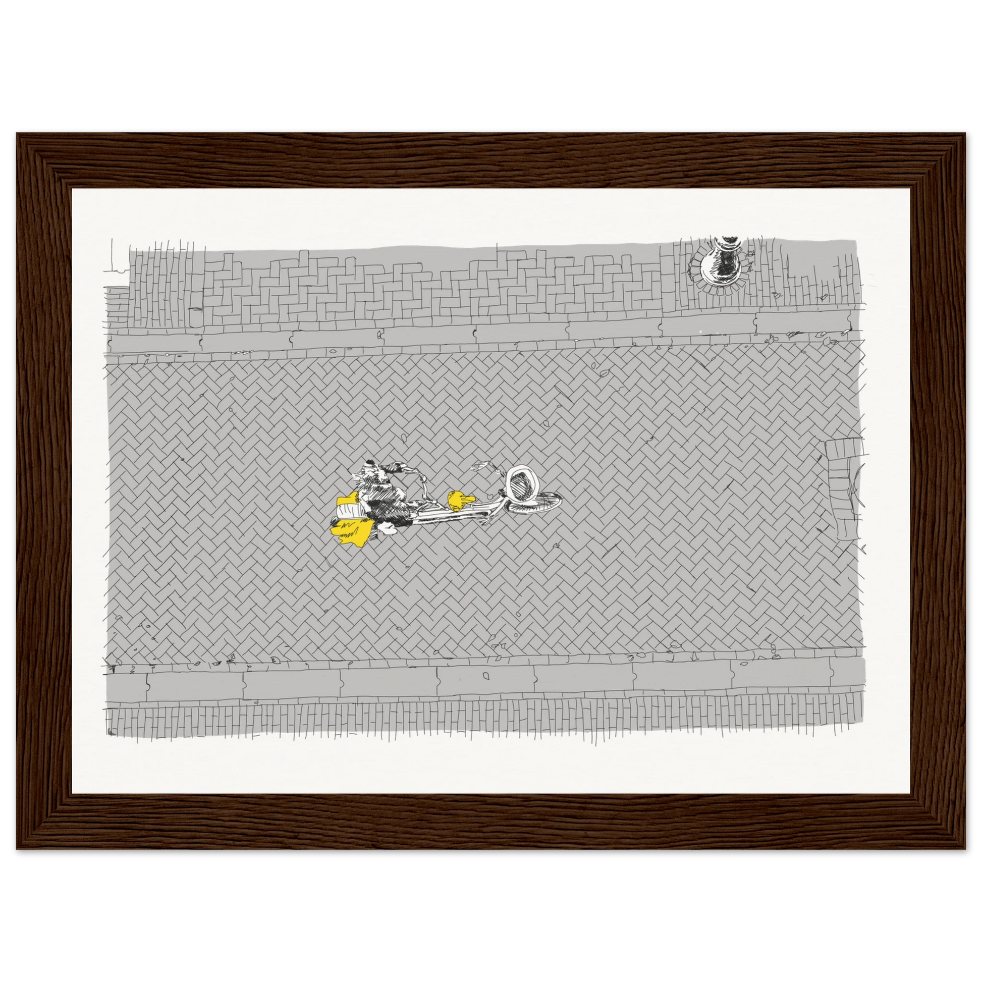 Birds' eye view of a single cyclist on the back of a tandem on a cobbled Amsterdam street. Black and white with the cyclist's coat highlighted in yellow