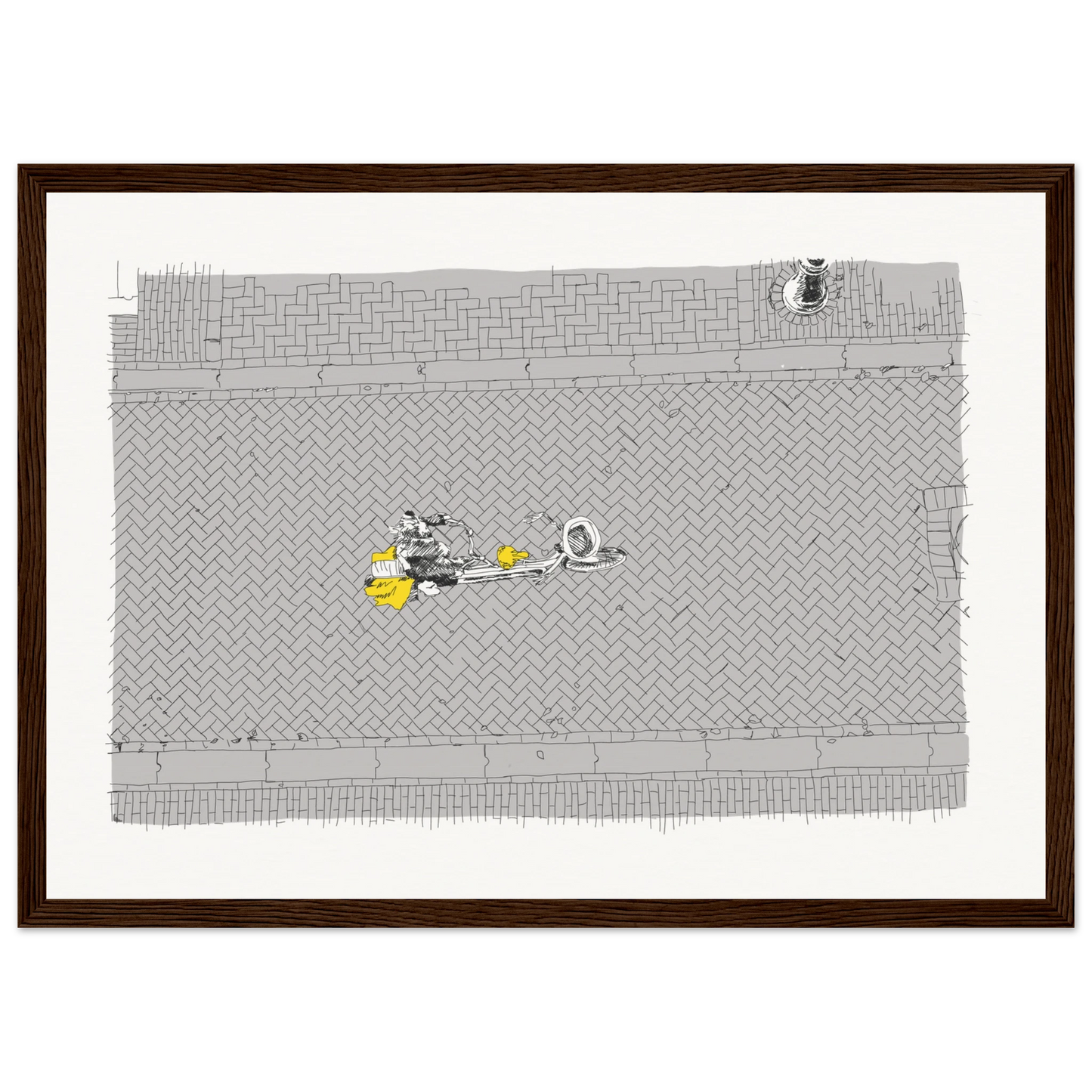 Birds' eye view of a single cyclist on the back of a tandem on a cobbled Amsterdam street. Black and white with the cyclist's coat highlighted in yellow