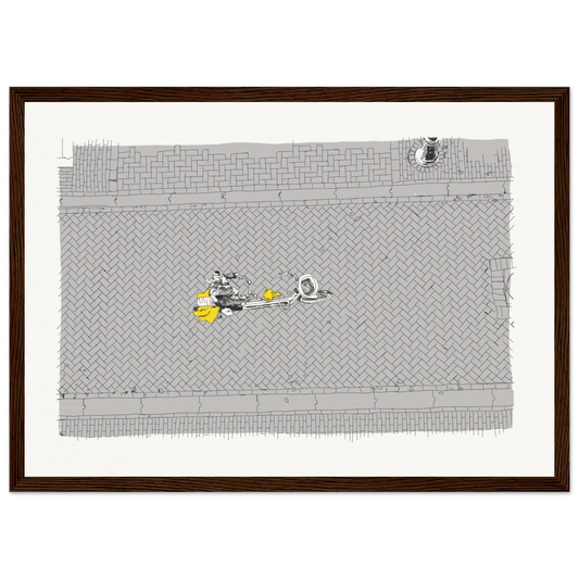 Birds' eye view of a single cyclist on the back of a tandem on a cobbled Amsterdam street. Black and white with the cyclist's coat highlighted in yellow