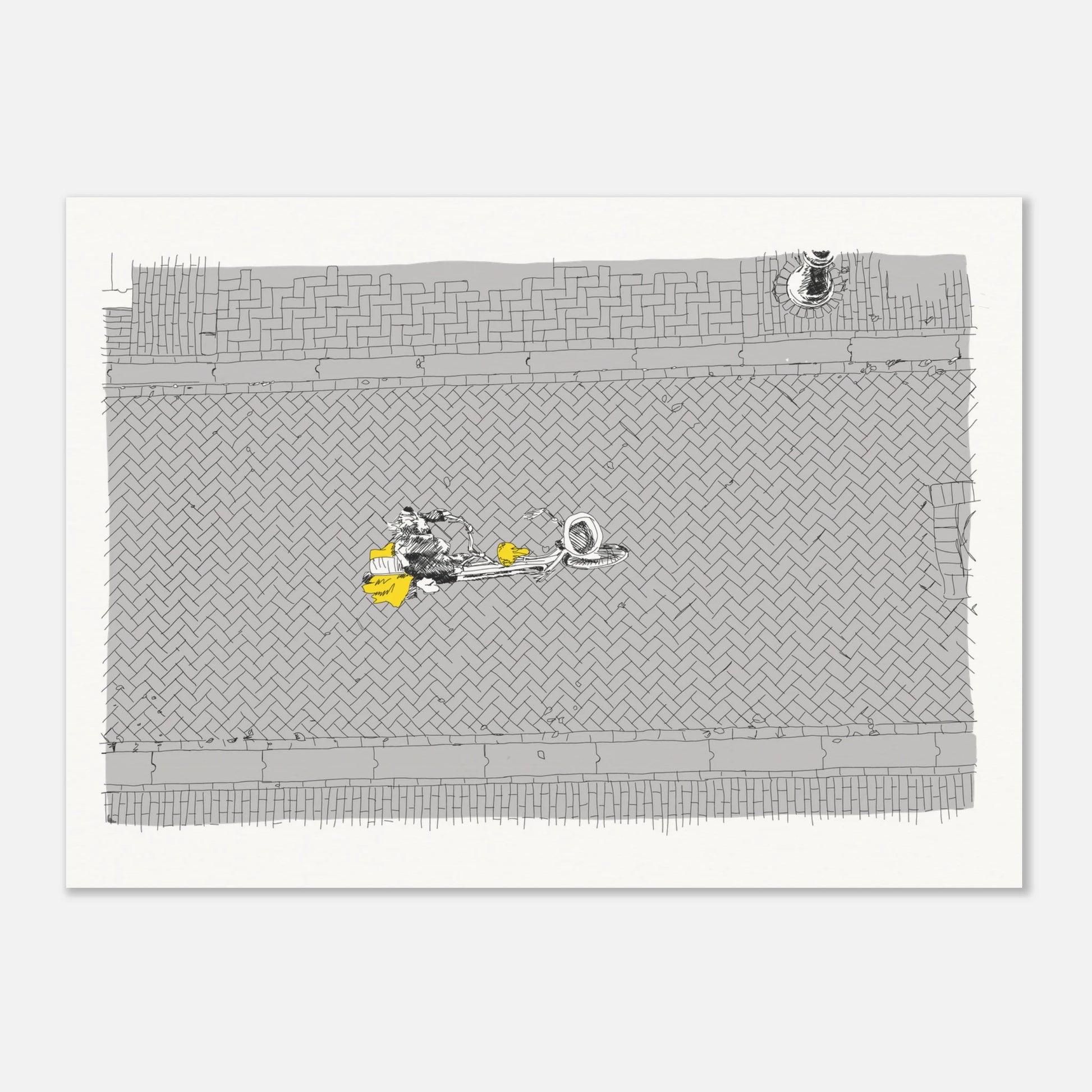 Birds' eye view of a single cyclist on the back of a tandem on a cobbled Amsterdam street. Black and white with the cyclist's coat highlighted in yellow by edward lodge