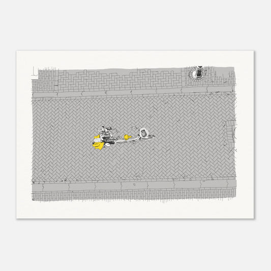 Birds' eye view of a single cyclist on the back of a tandem on a cobbled Amsterdam street. Black and white with the cyclist's coat highlighted in yellow by edward lodge