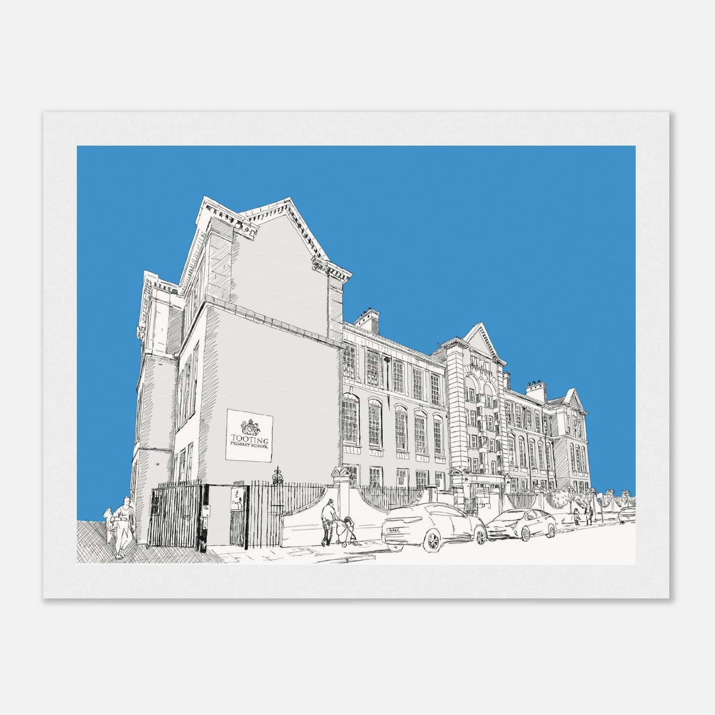 Framed print of Tooting Primary School with blue background