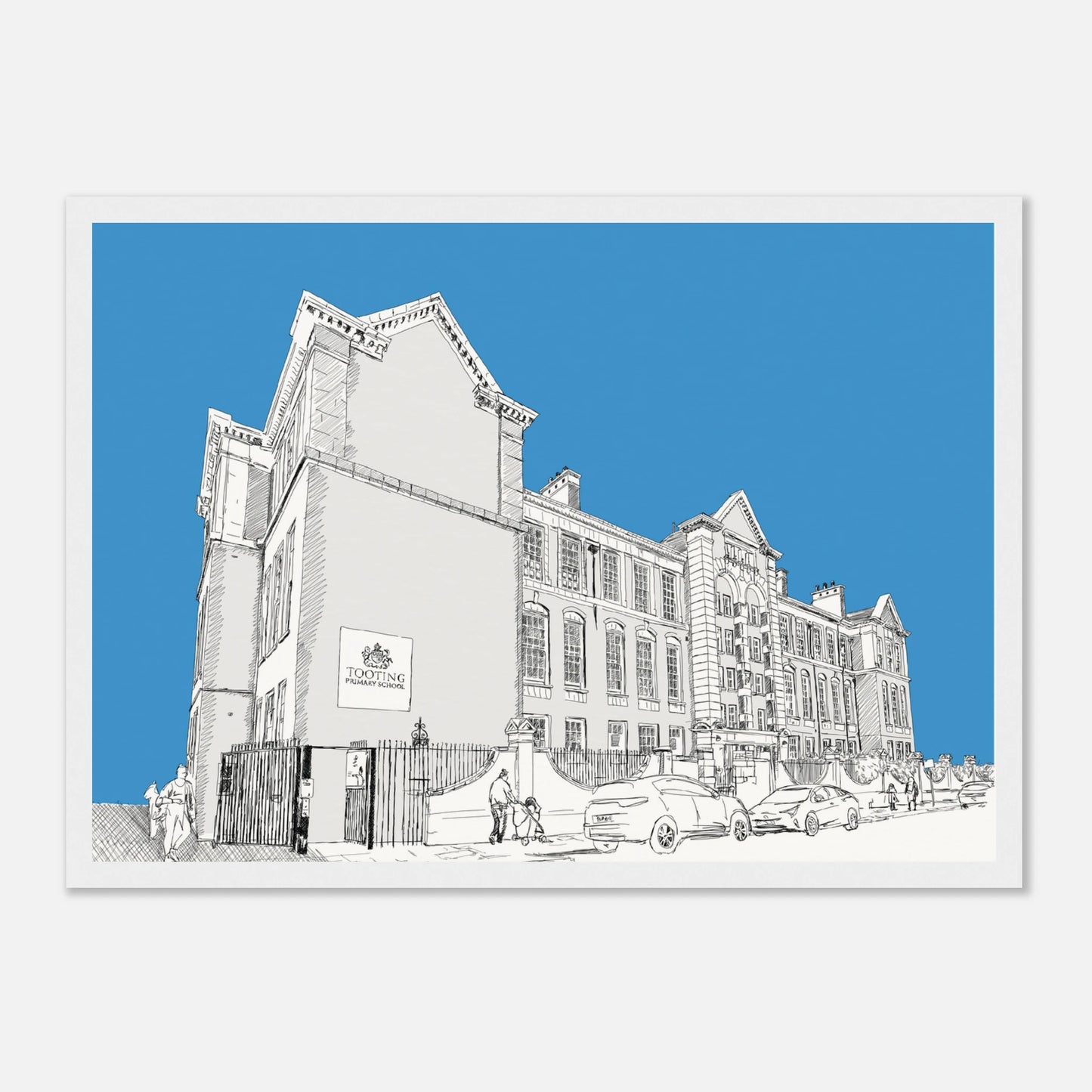 Framed print of Tooting Primary School with blue background