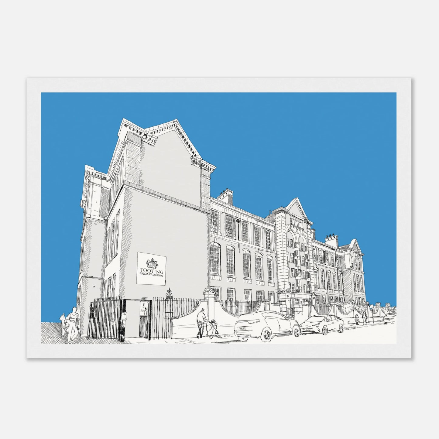 Framed print of Tooting Primary School with blue background
