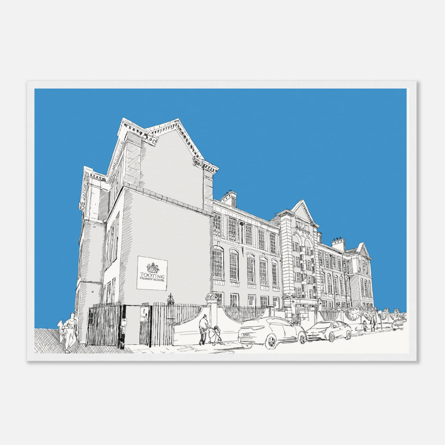 Framed print of Tooting Primary School with blue background