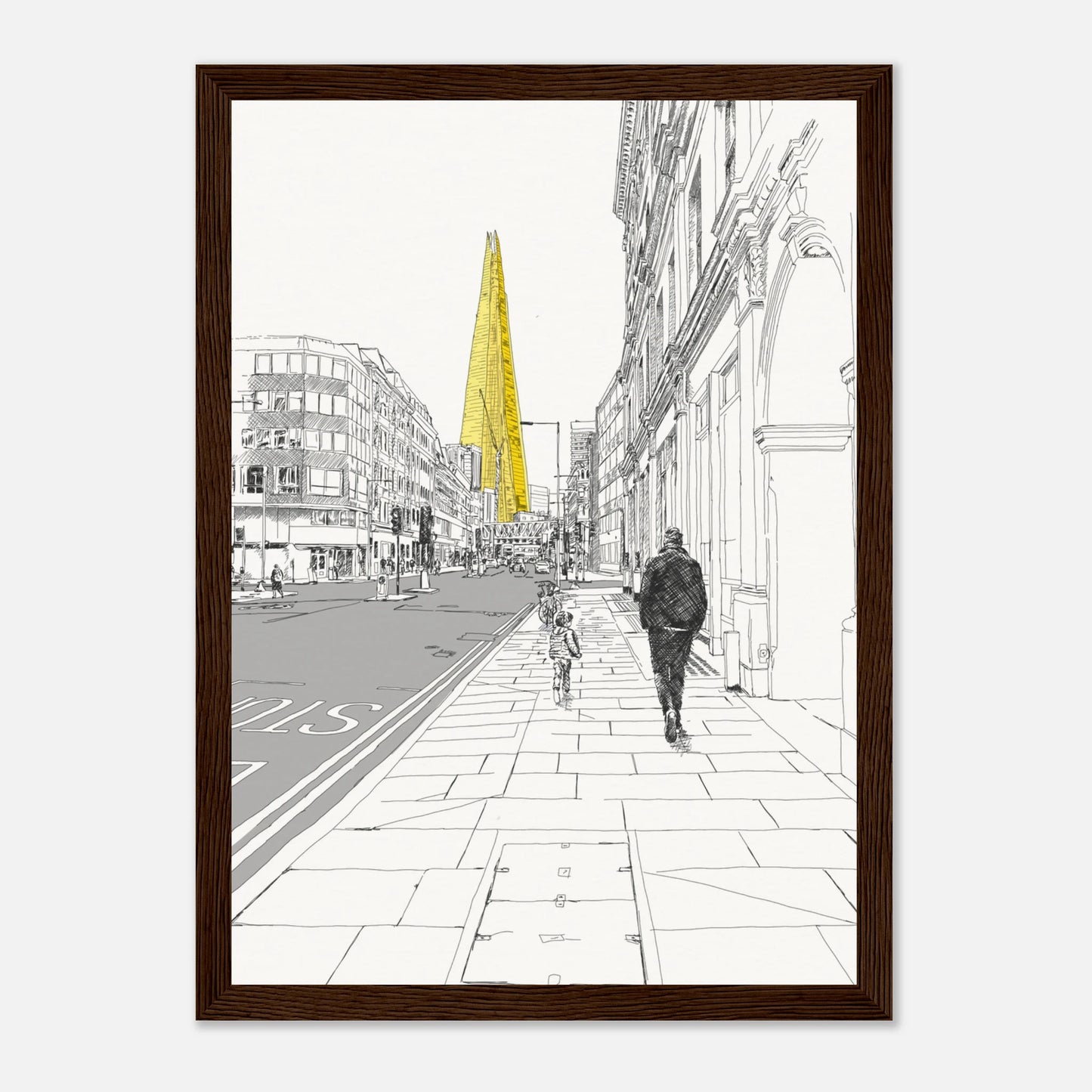 Framed black and white print of the shard london street view with The Shard in yellow