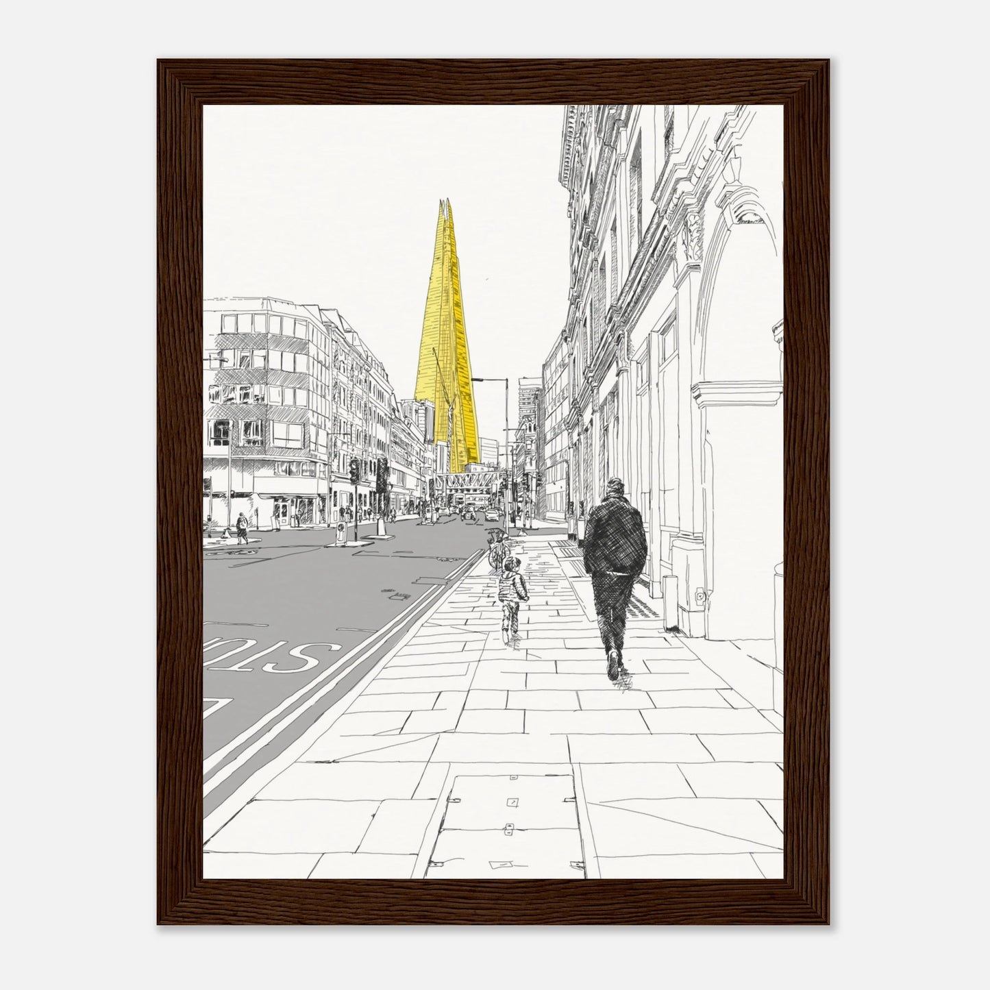Framed black and white print of the shard london street view with The Shard in yellow