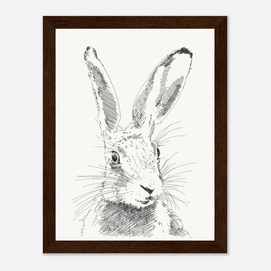 A black and white line drawing sketch or a hare's torso with upright alert ears by edward lodge