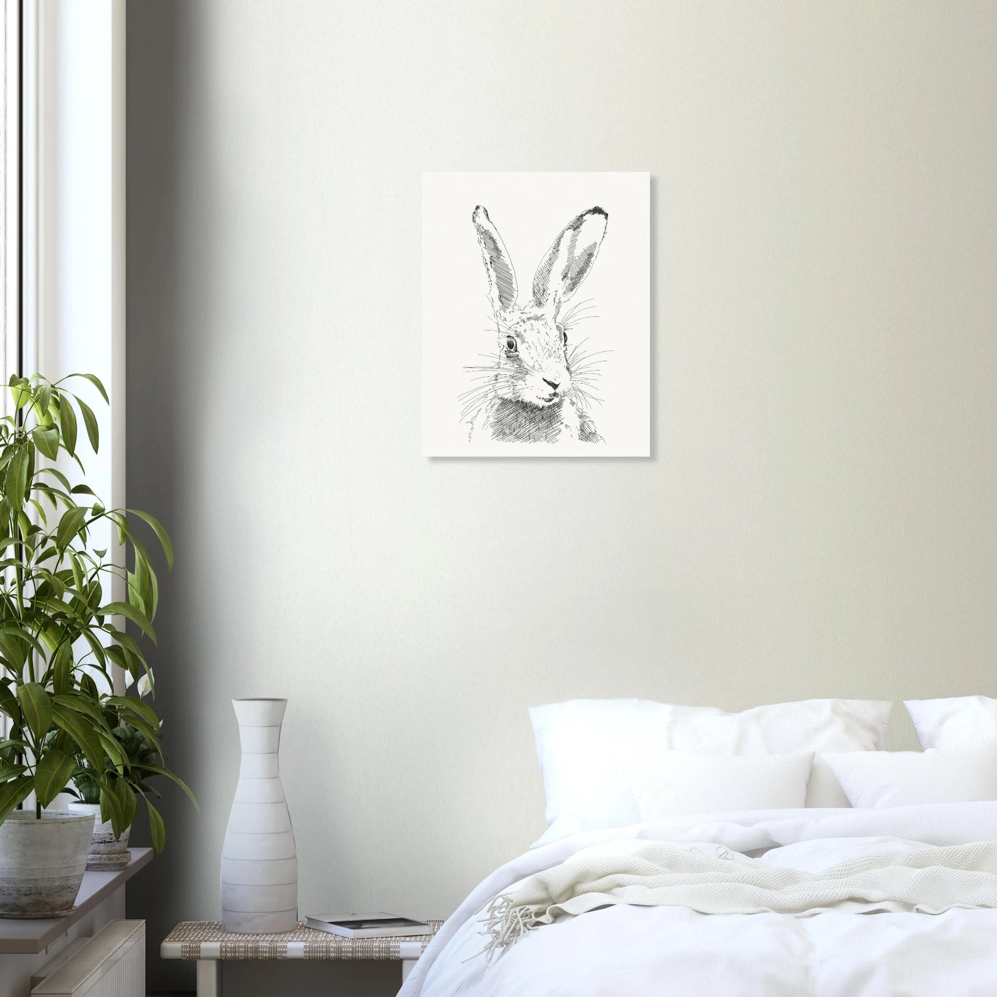 A black and white line drawing sketch or a hare's torso with upright alert ears by edward lodge