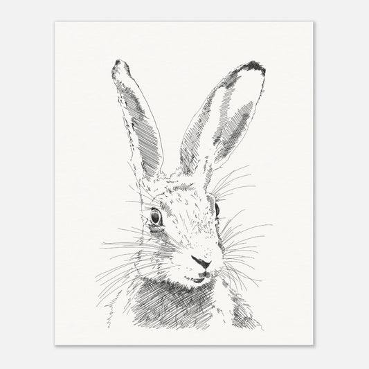 A black and white line drawing sketch or a hare's torso with upright alert ears by edward lodge