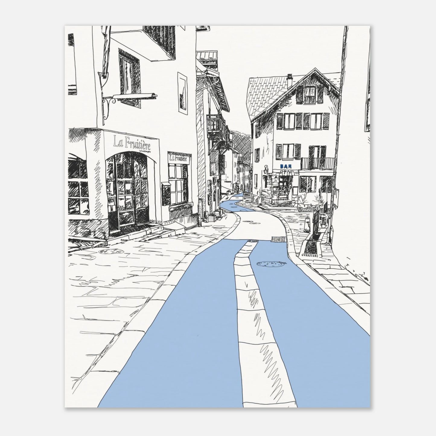 Le Monetier street  print with the street highlighted light blue