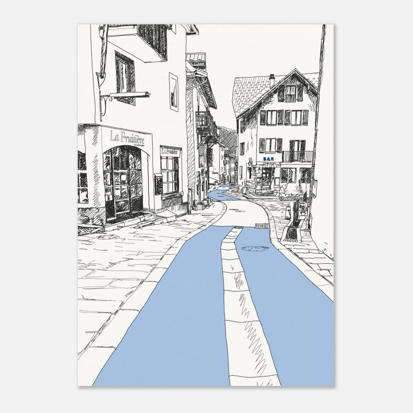 Le Monetier street  print with the street highlighted light blue