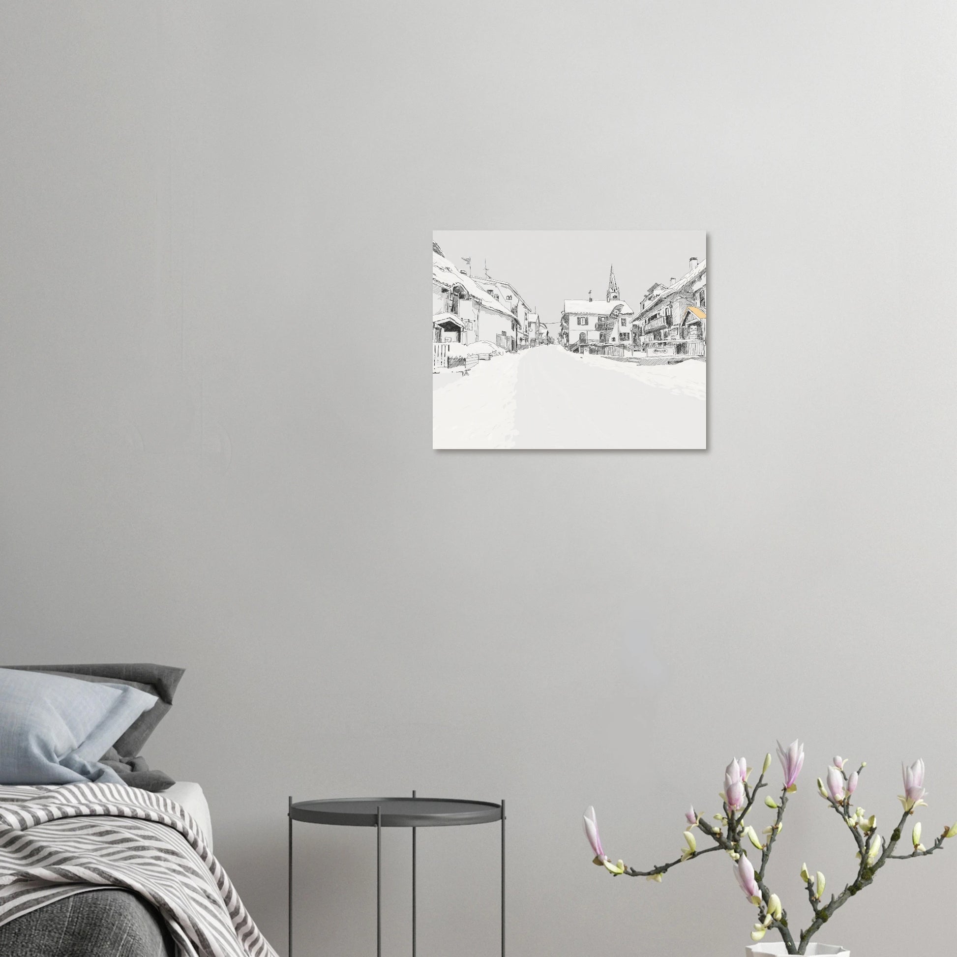 Black and white line drawing of the main street in le monetier les Bains in the snow by edward lodge