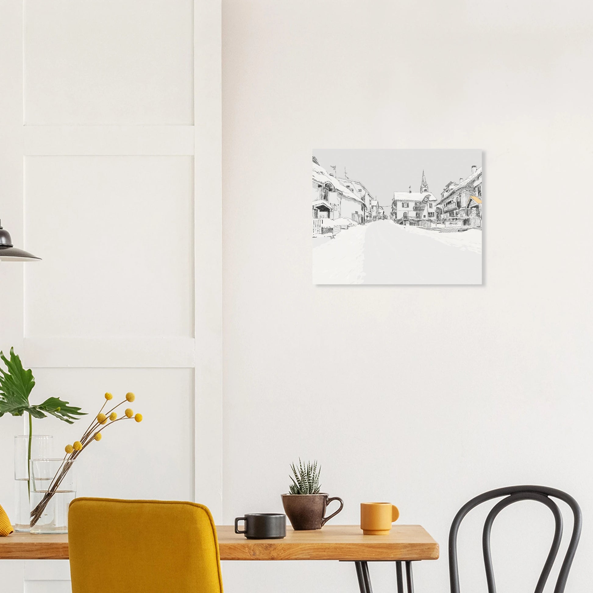 Black and white line drawing of the main street in le monetier les Bains in the snow by edward lodge