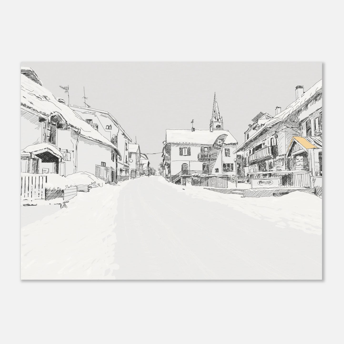 Black and white line drawing of the main street in le monetier les Bains in the snow by edward lodge