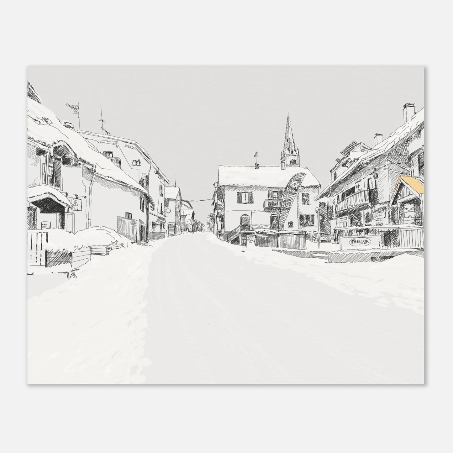 Black and white line drawing of the main street in le monetier les Bains in the snow by edward lodge