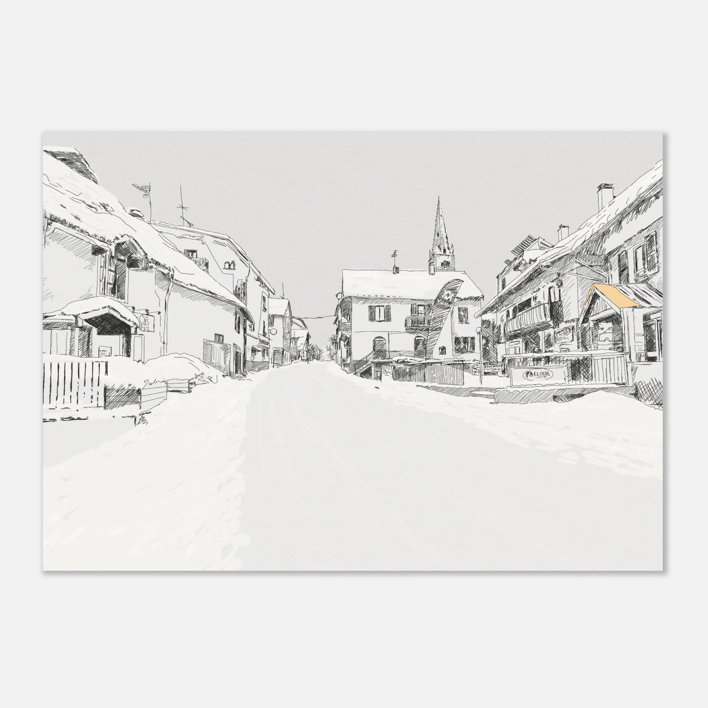 Black and white line drawing of the main street in le monetier les Bains in the snow by edward lodge