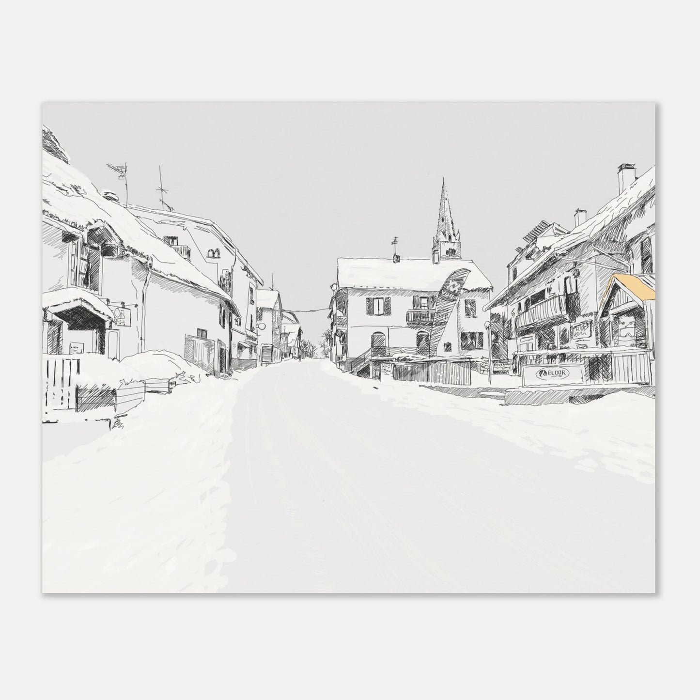 Black and white line drawing of the main street in le monetier les Bains in the snow by edward lodge