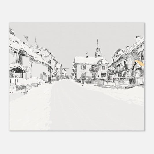Black and white line drawing of the main street in le monetier les Bains in the snow by edward lodge