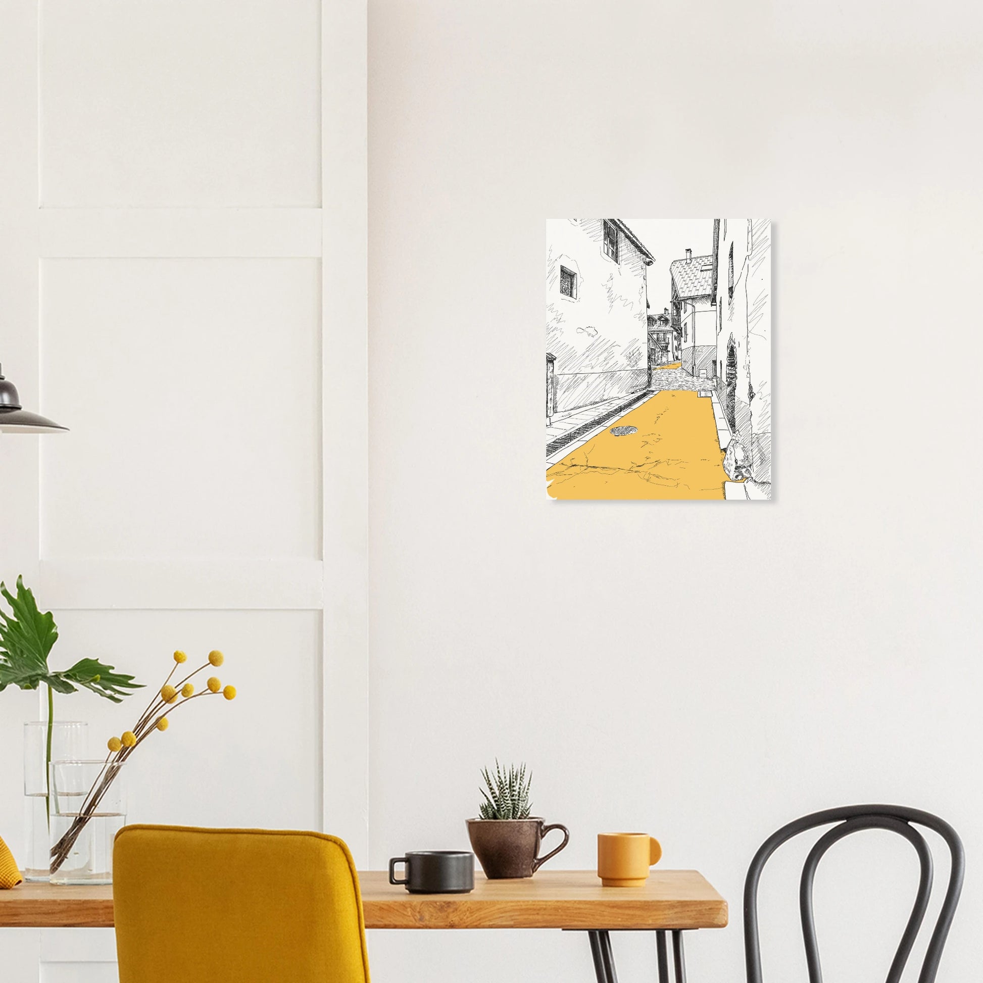 Black and white print of a line drawing of a side street in le monetier les bains with the road highlighted in yellow