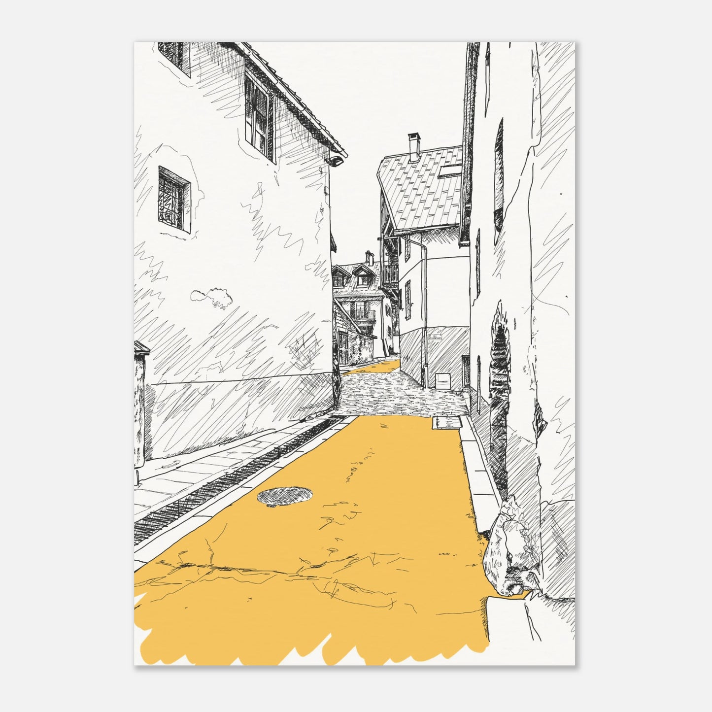 Black and white print of a line drawing of a side street in le monetier les bains with the road highlighted in yellow