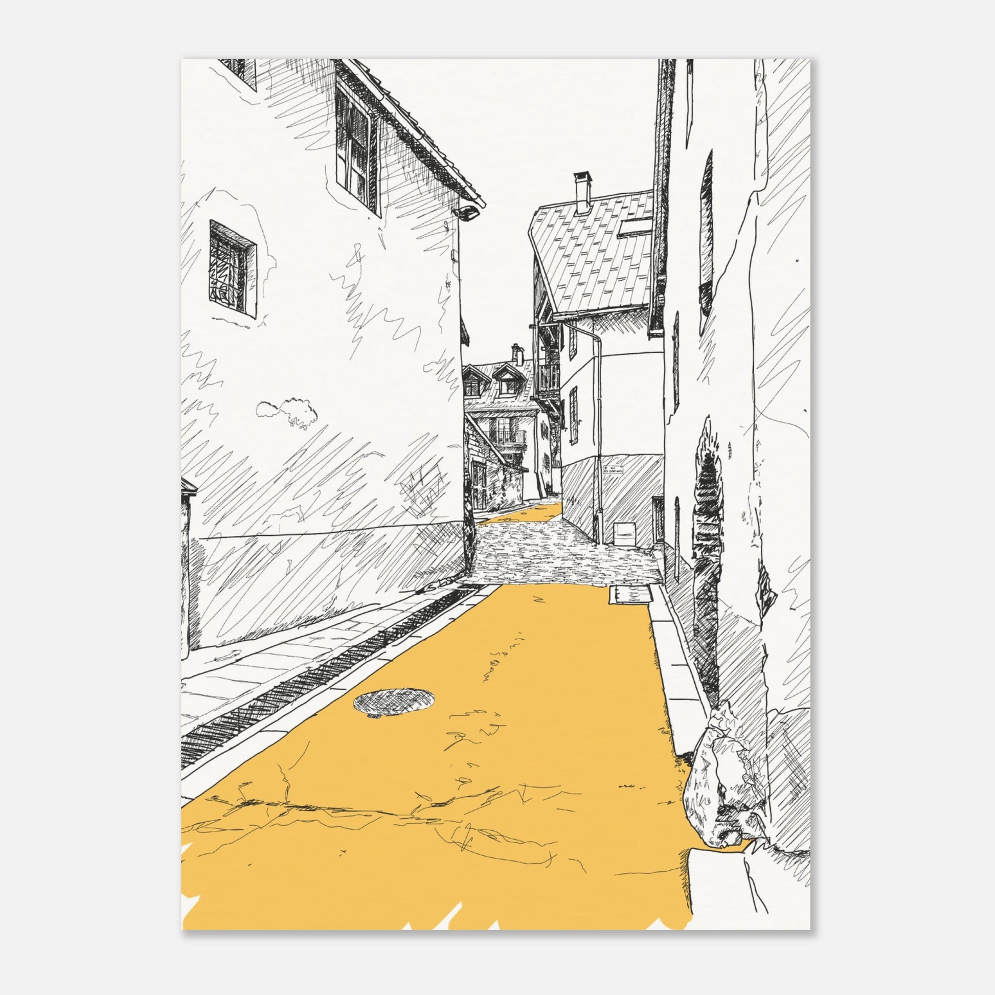 Black and white print of a line drawing of a side street in le monetier les bains with the road highlighted in yellow