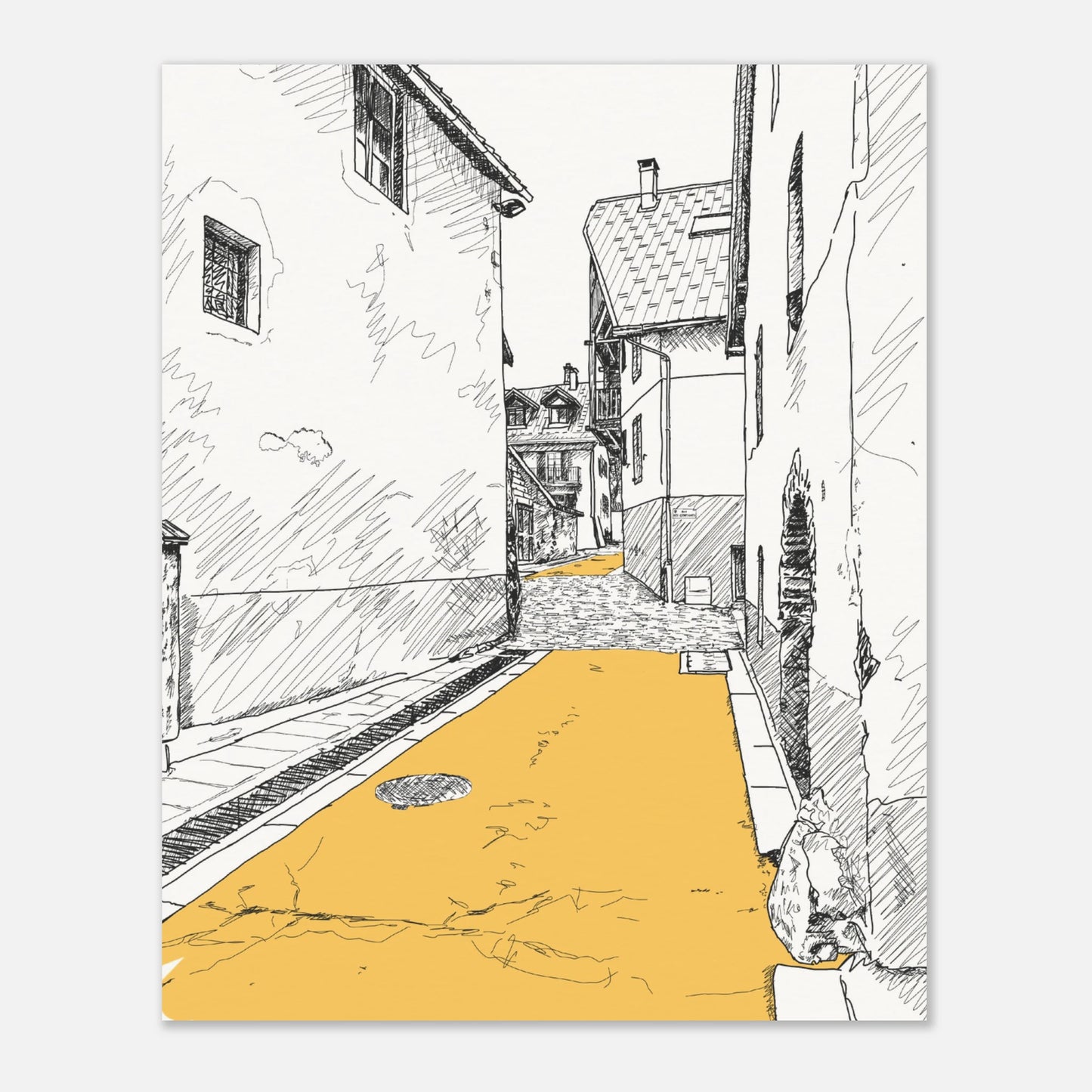 Black and white print of a line drawing of a side street in le monetier les bains with the road highlighted in yellow