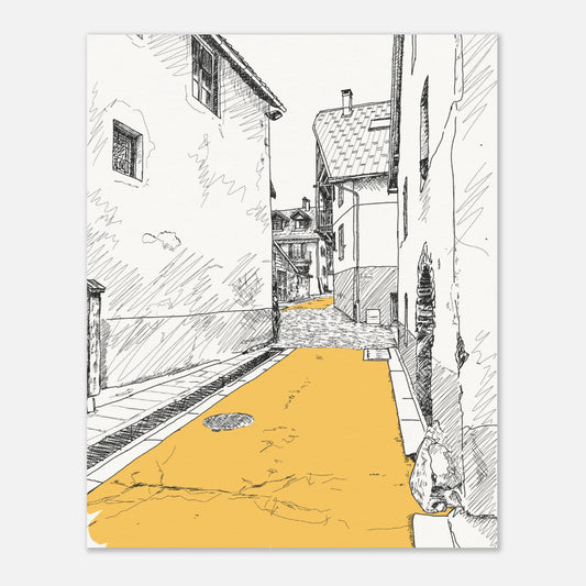 Black and white print of a line drawing of a side street in le monetier les bains with the road highlighted in yellow