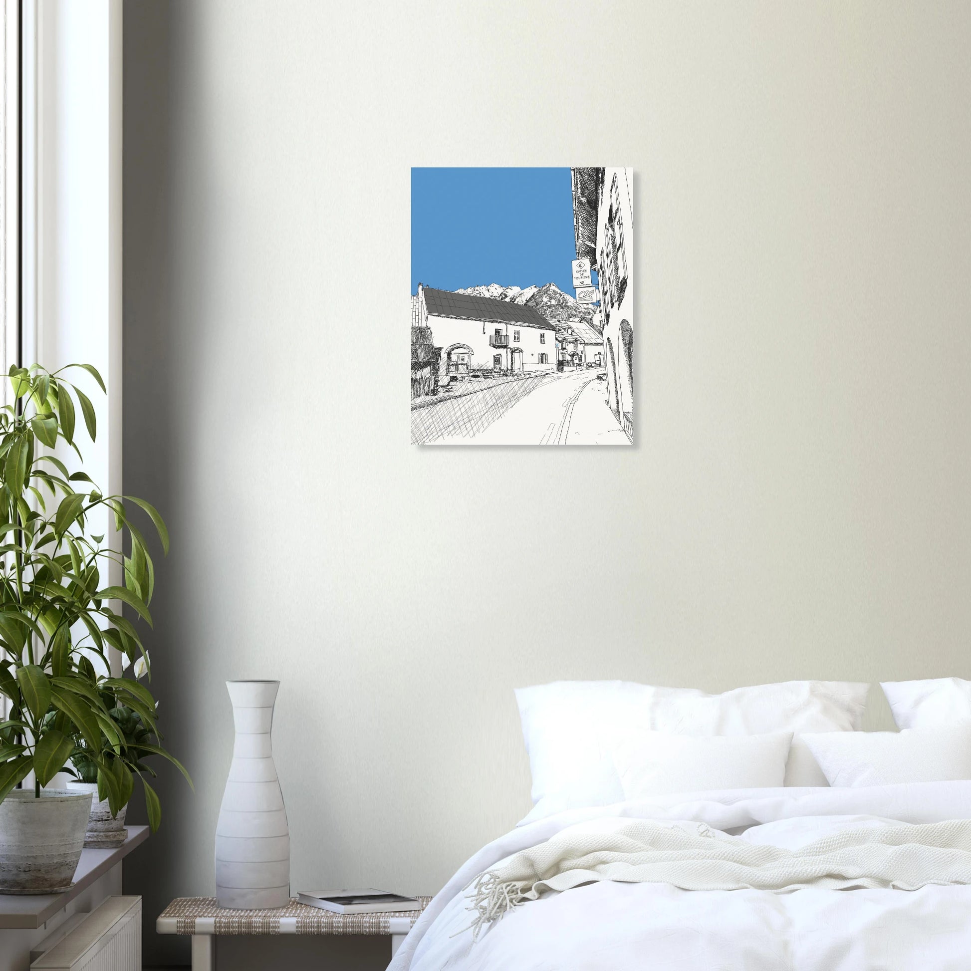 Black and white print of a line drawing of le monetier les bains with the sky highlighted in blue and mountains in the background