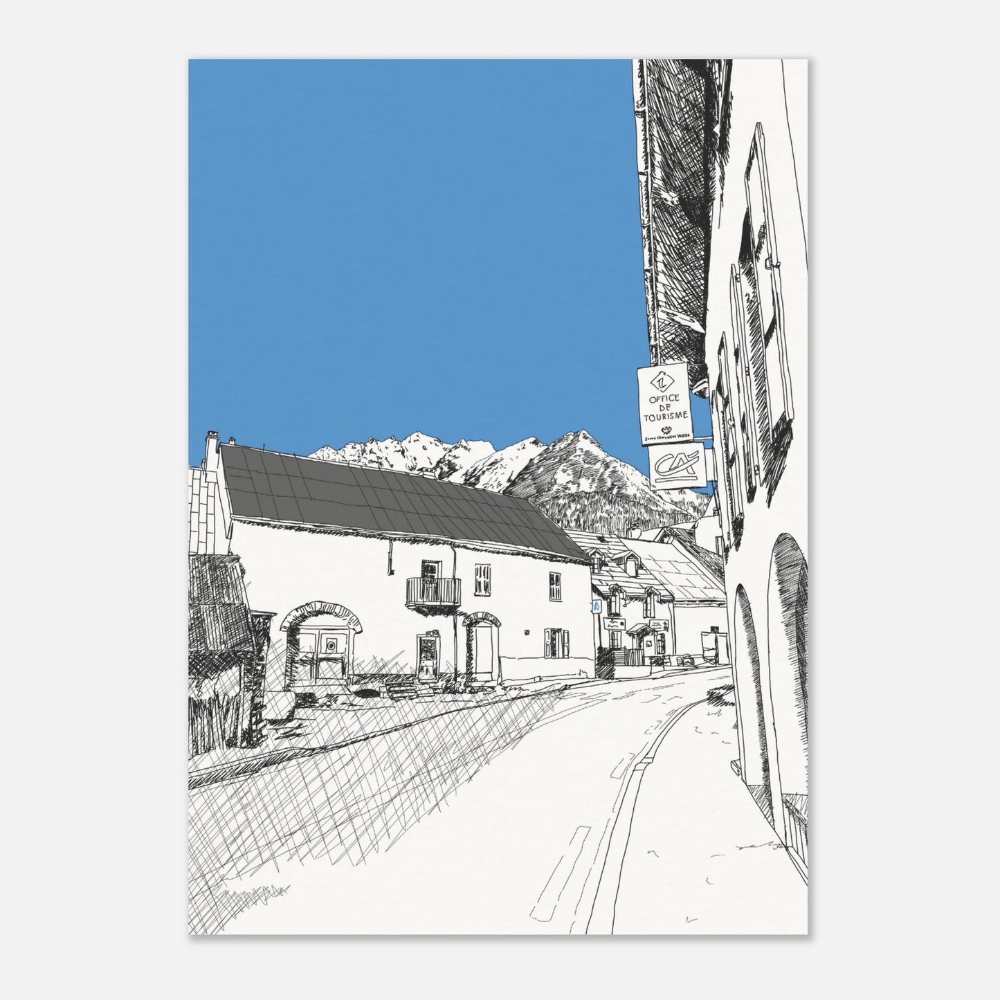 Black and white print of a line drawing of le monetier les bains with the sky highlighted in blue and mountains in the background