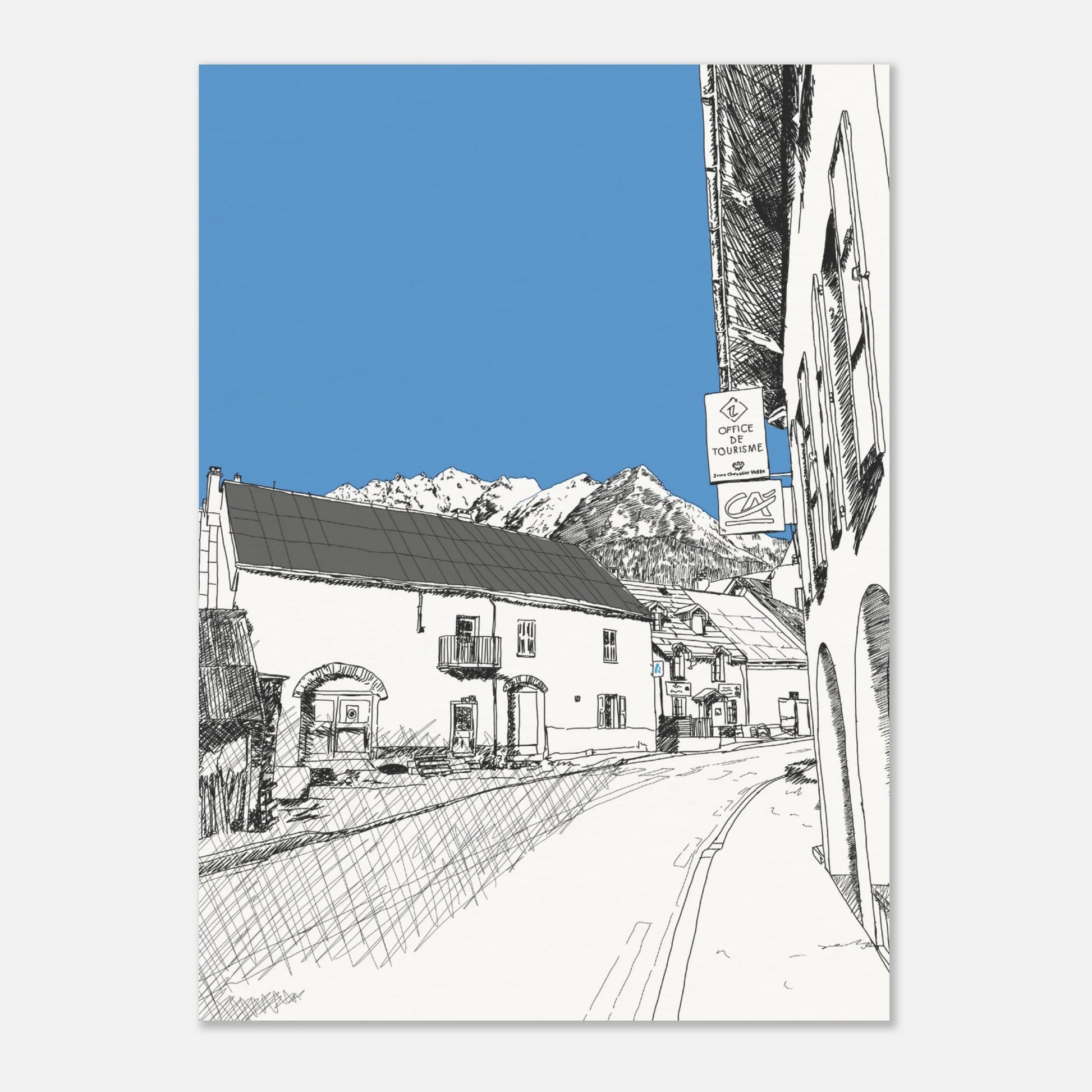 Black and white print of a line drawing of le monetier les bains with the sky highlighted in blue and mountains in the background