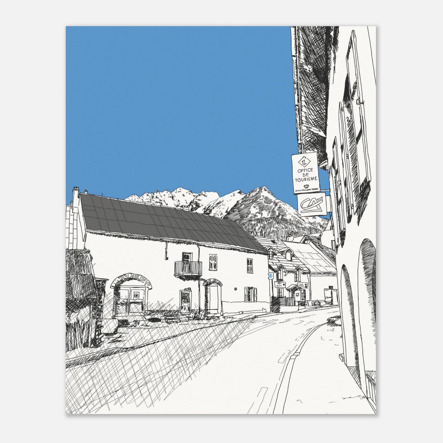 Black and white print of a line drawing of le monetier les bains with the sky highlighted in blue and mountains in the background
