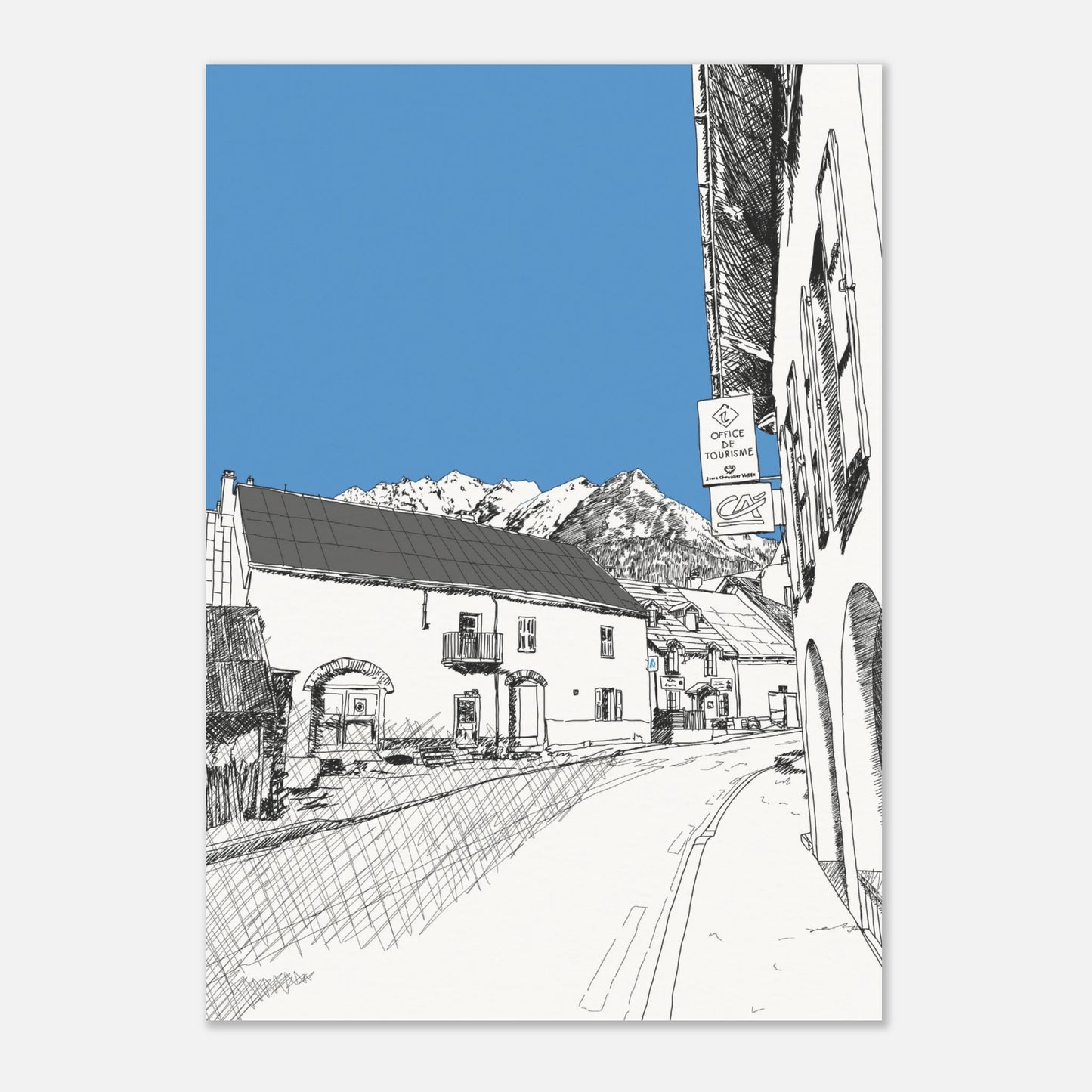 Black and white print of a line drawing of le monetier les bains with the sky highlighted in blue and mountains in the background