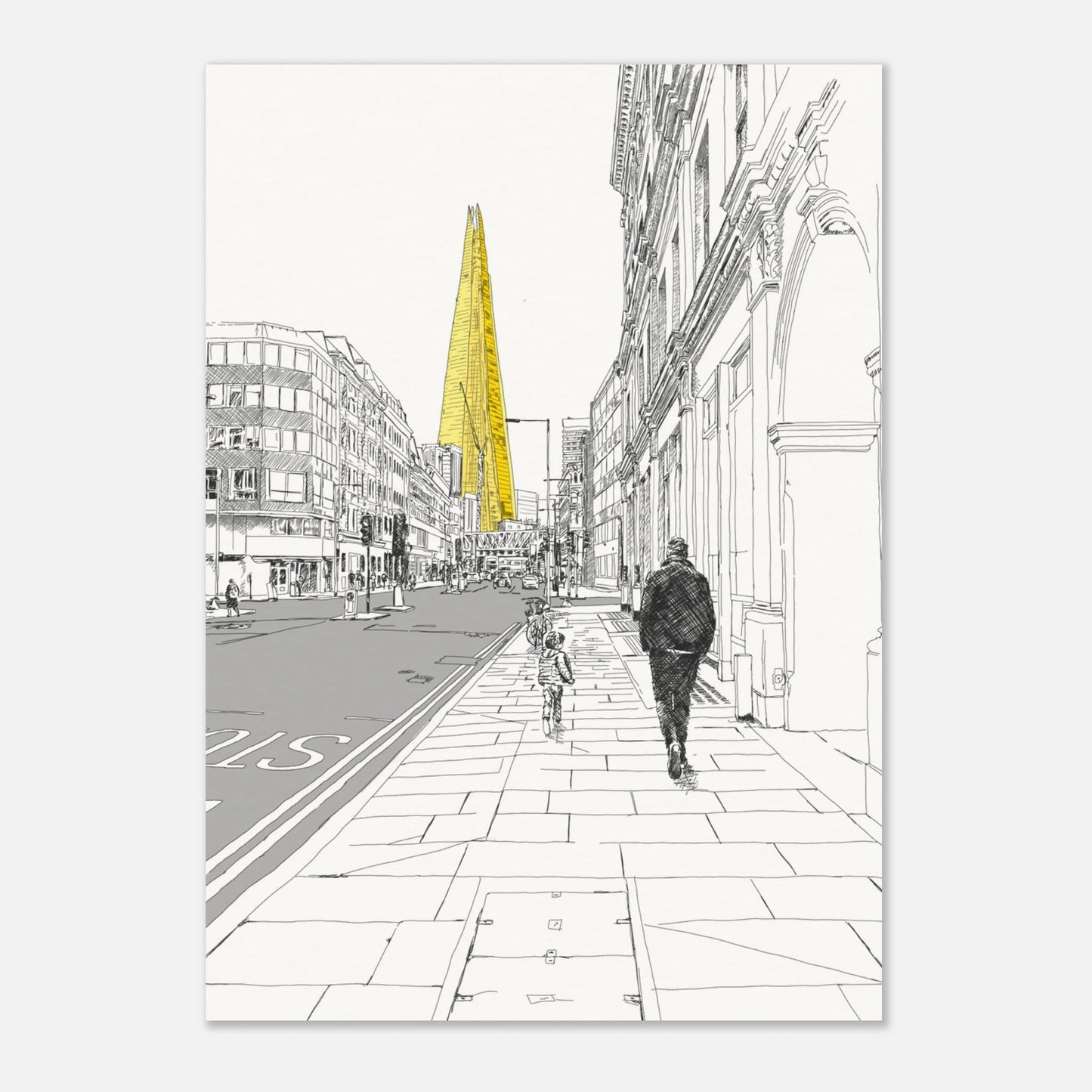 black and white print of the shard london street view with The Shard in yellow