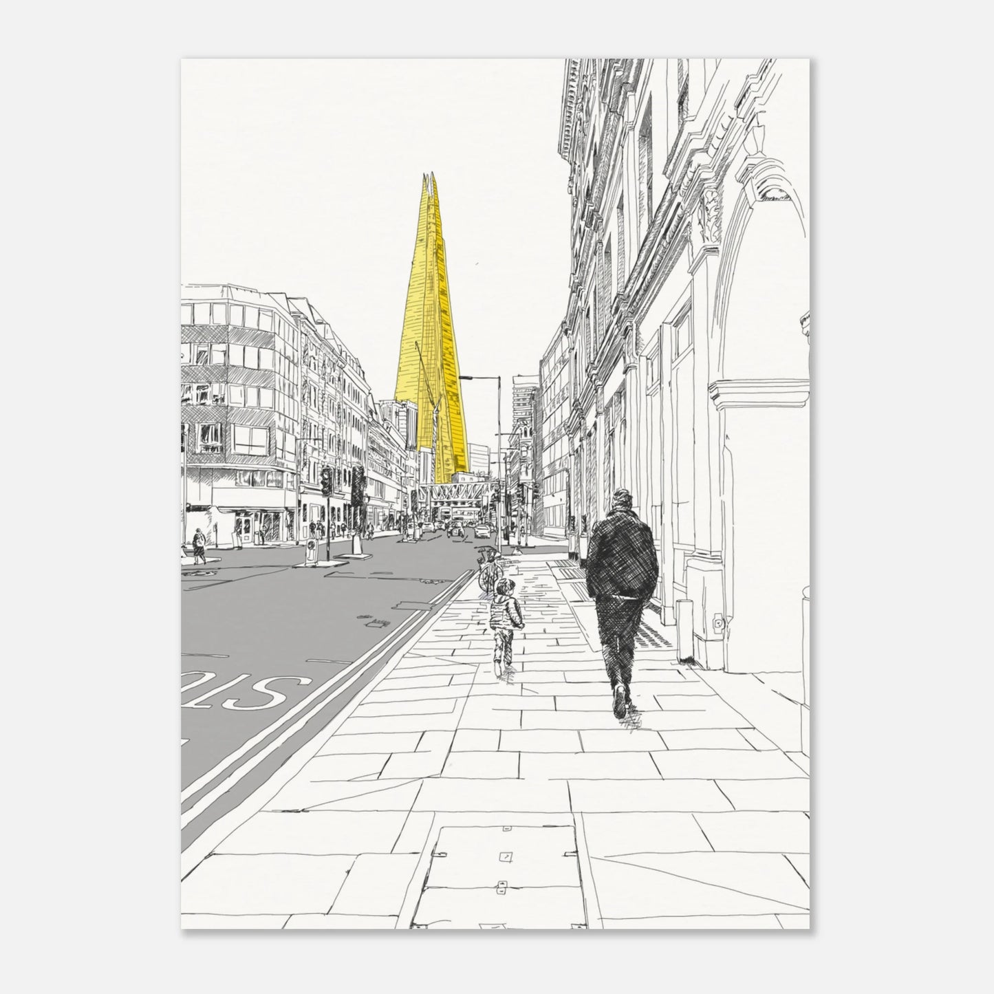 black and white print of the shard london street view with The Shard in yellow
