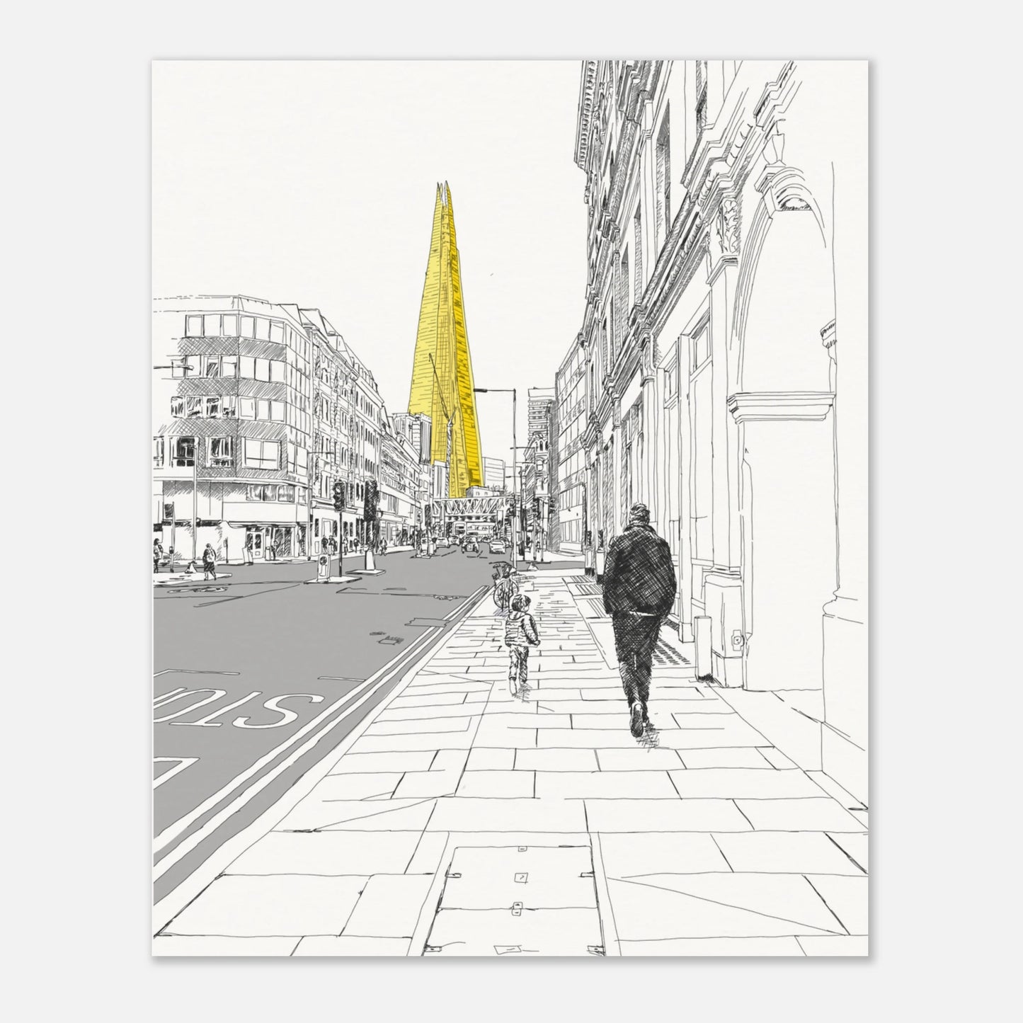 black and white print of the shard london street view with The Shard in yellow