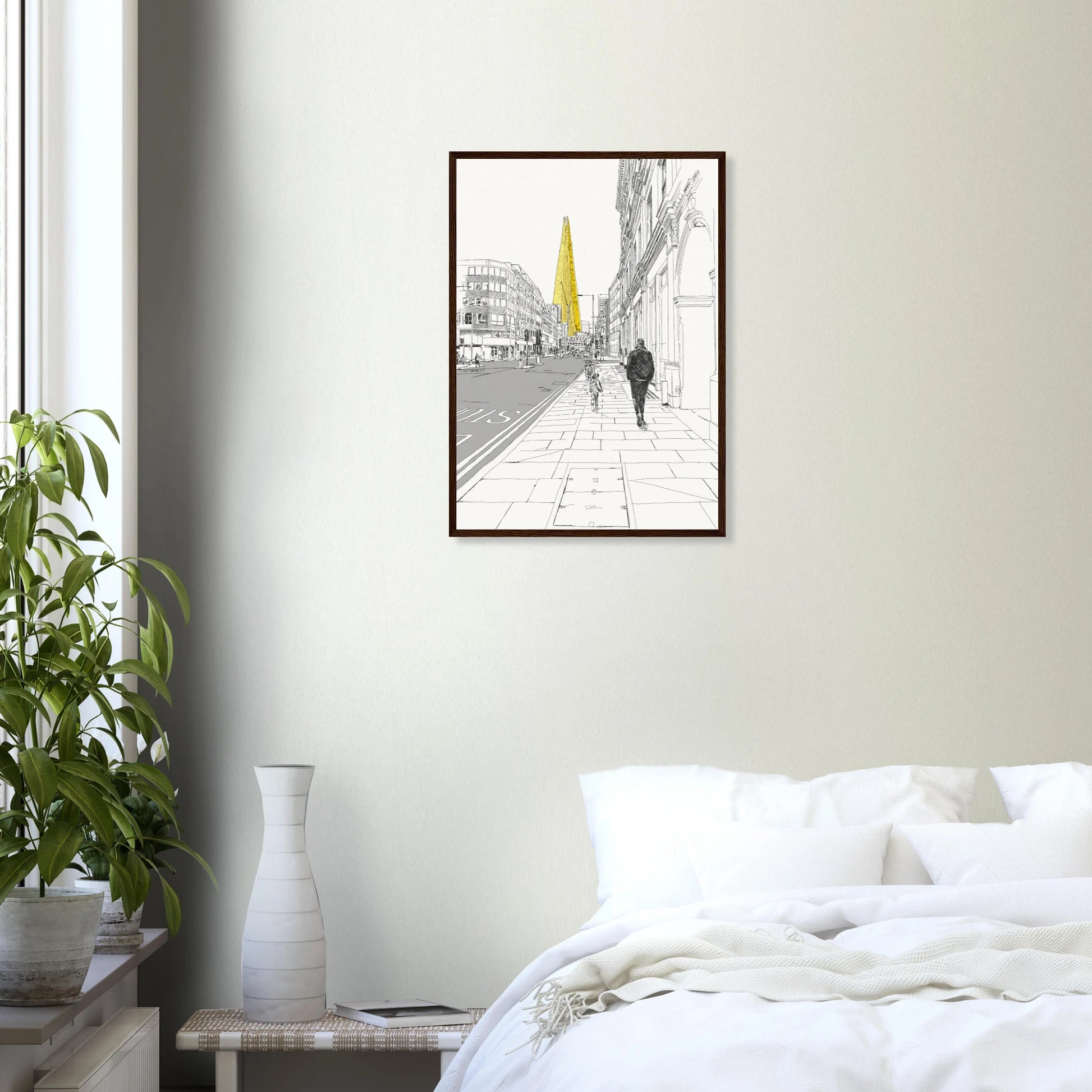 Line drawing of the shard, london by Edward Lodge Framed on the wall with the shard highlighted yellow
