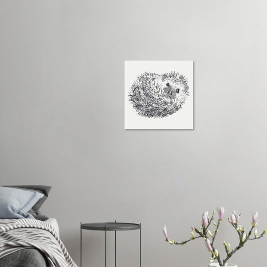 a black and white line drawing of a hedgehog curled up on it's back and looking towards you
