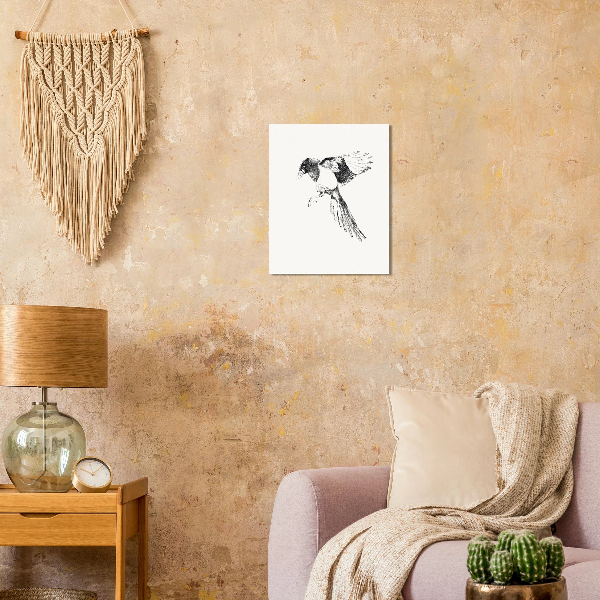 black and white line drawing of a magpie in flight looking like it's about to land