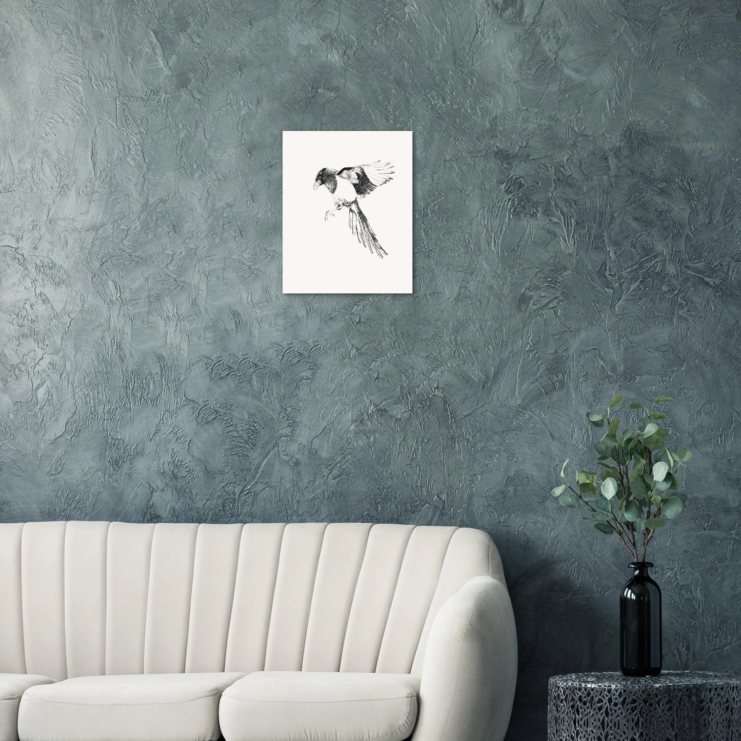 black and white line drawing of a magpie in flight looking like it's about to land