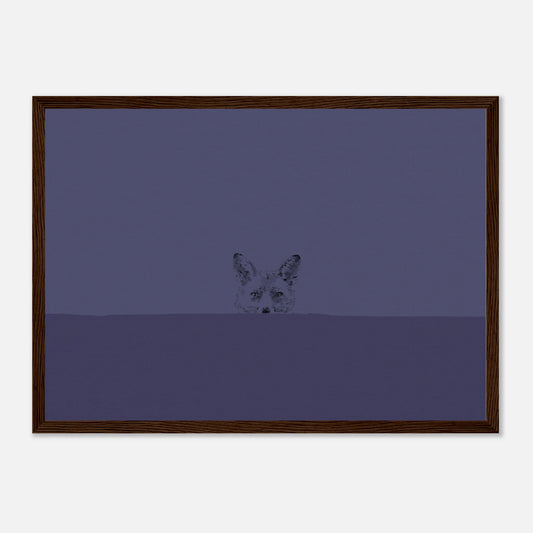 simple line drawing of a fox's face looking over a wall straight at you on a deep blue background