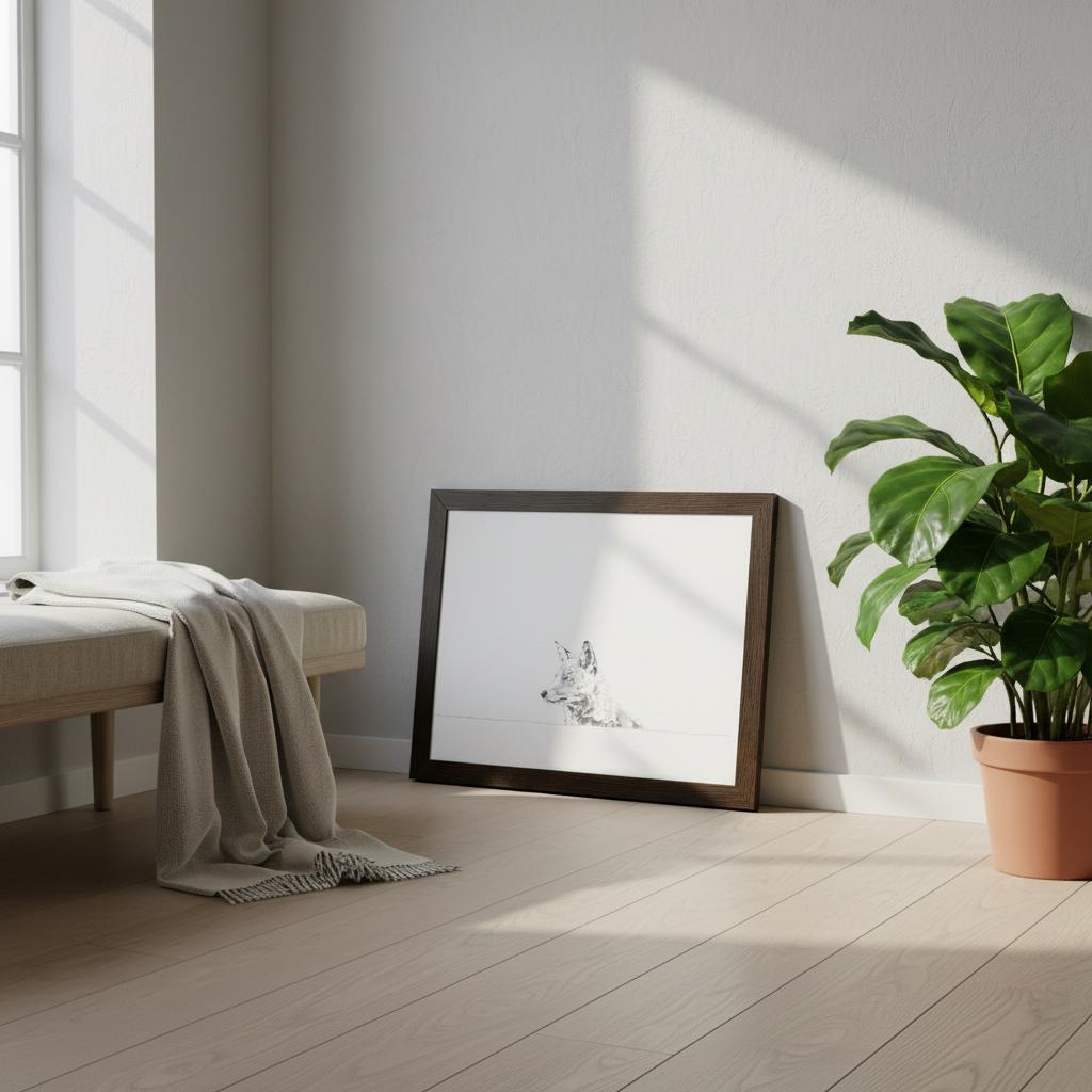 print of a black and white line drawing of a fox's torso looking to the left from behind a wall