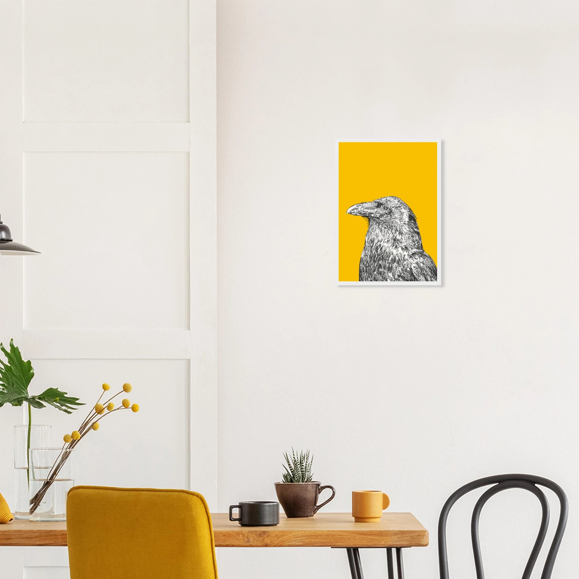 Black and white line drawing print of a rook on a yellow background