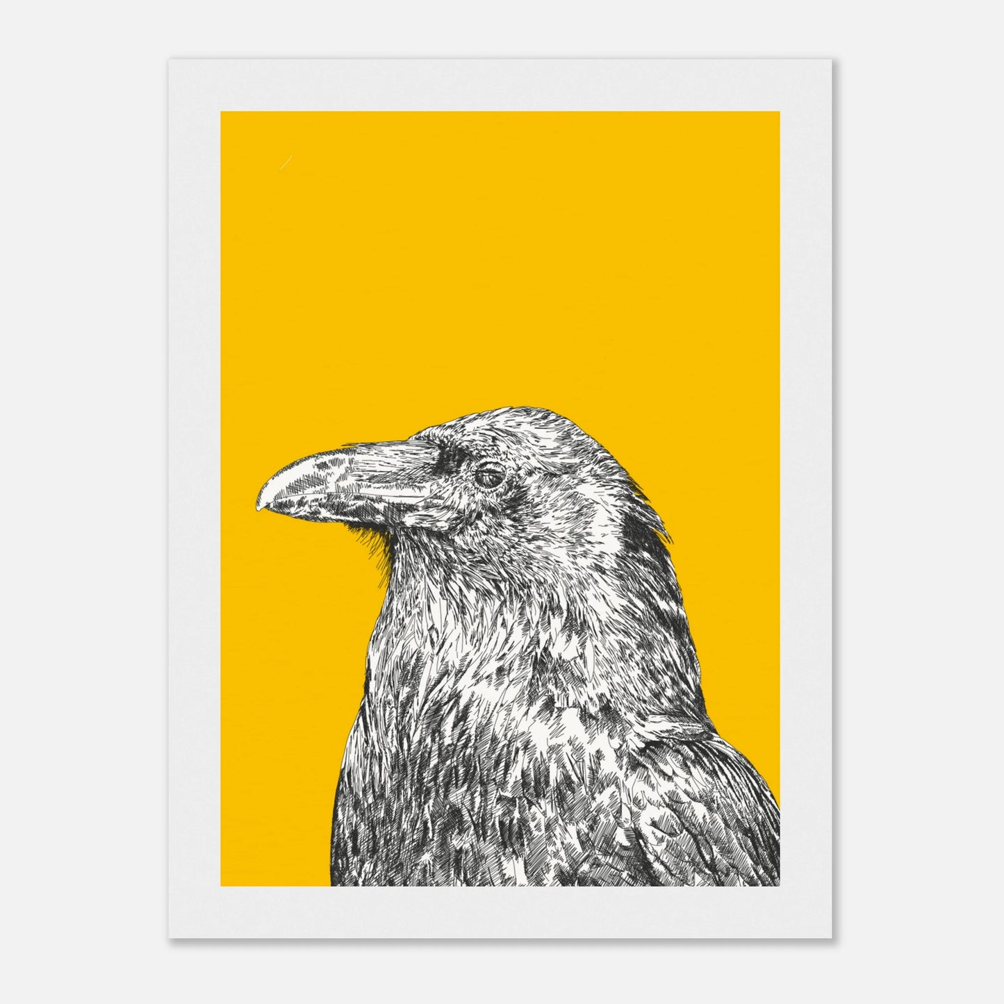 Black and white line drawing print of a rook on a yellow background